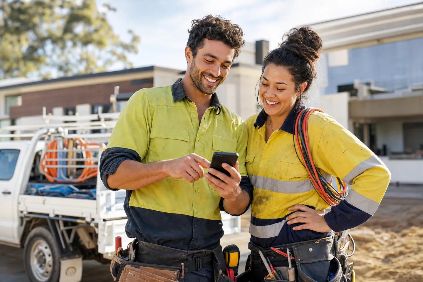 Electrician and carpenter smiling together while checking a phone at an Australian worksite